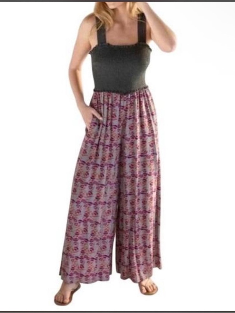 Natural Life Jumpsuit Sz XS Gray Smocked Top Wide Leg Floral Boho
